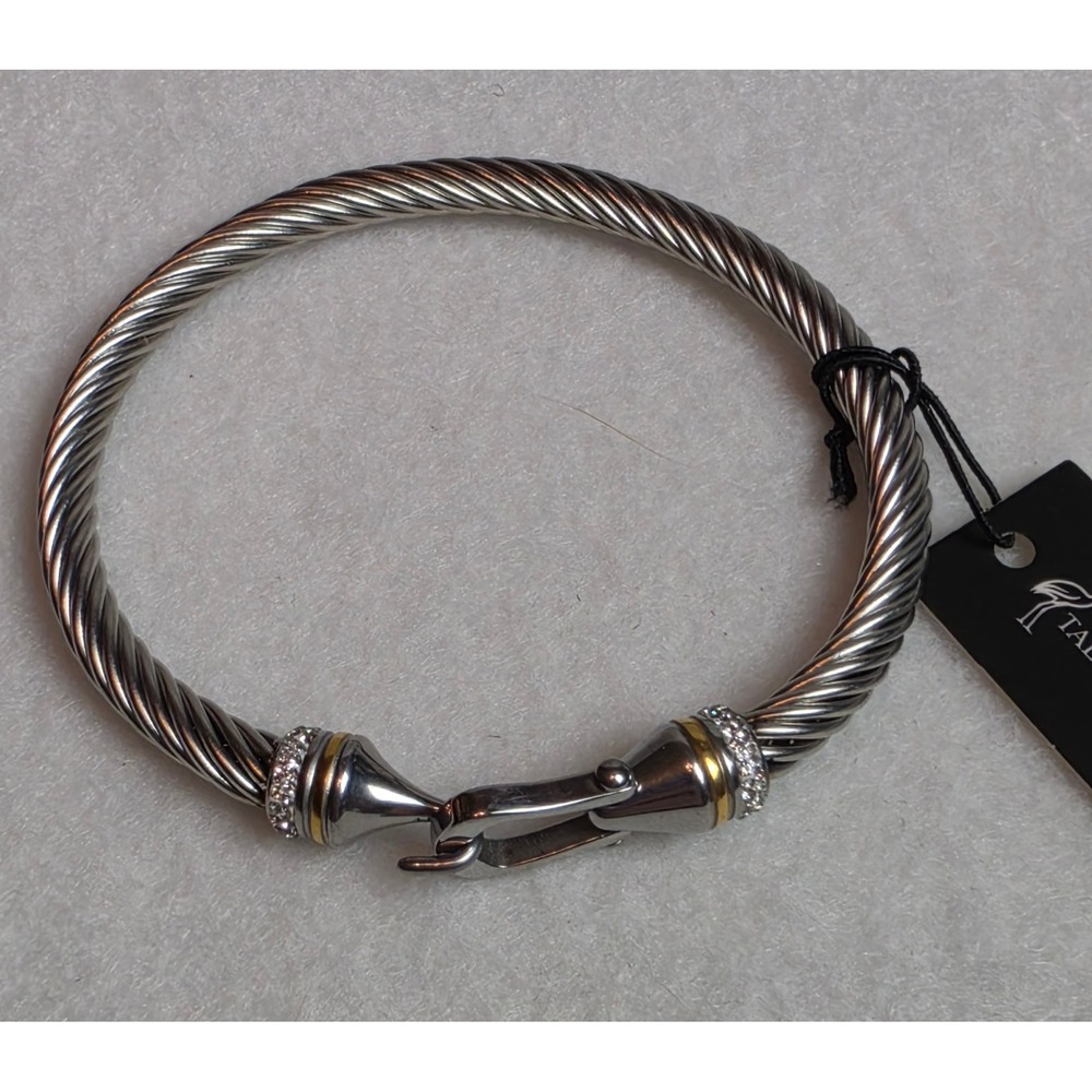 Talidara Two Tone Cable Twist Bangle Bracelet Crystal Accents Hook Closure NWT